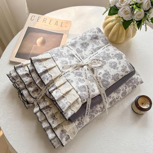 自然醒A类双层纱撞色蕾丝花边四件套法式全棉公主风碎花床上被套床单床品三件套JY 商品图14