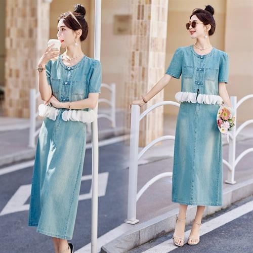 2025夏季新款盘扣新中式花边减龄显瘦牛仔短袖半身裙套装YLFS8908 商品图1