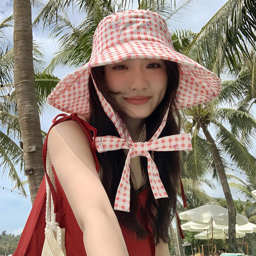 【新款韩版ins格纹系带渔夫帽】夏日户外出游大帽檐 双面防晒遮阳帽子  商品图2