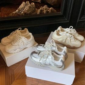 月牙底蕾丝珍珠休闲德训鞋女2025春夏季新款网面轻便阿甘运动鞋