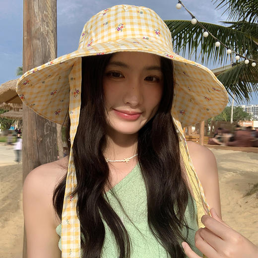 【新款韩版ins格纹系带渔夫帽】夏日户外出游大帽檐 双面防晒遮阳帽子  商品图7