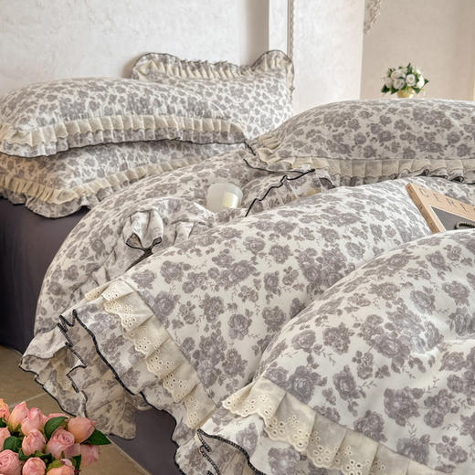 自然醒A类双层纱撞色蕾丝花边四件套法式全棉公主风碎花床上被套床单床品三件套JY 商品图0