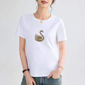 「自」全新升级【铂金会员109/天猫139/差价30】(02317)洛诗琳2025夏季双面丝光棉重工天鹅刺绣圆领修身显瘦显瘦T恤