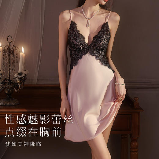 春夏性感深V蕾丝美背法式浪漫吊带睡裙女轻薄透气带胸垫家居天使睡裙套装 商品图3