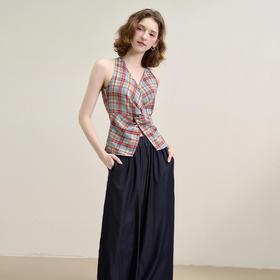 西遇垂感阔腿裤套装女夏季新款格子无袖挂脖短款上衣两件套K0050933