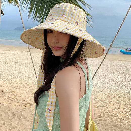 【新款韩版ins格纹系带渔夫帽】夏日户外出游大帽檐 双面防晒遮阳帽子  商品图3