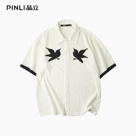 PINLI品立2025夏季新款双鸟贴布绣针织衬衫男士潮牌宽松短袖衬衣B252113063