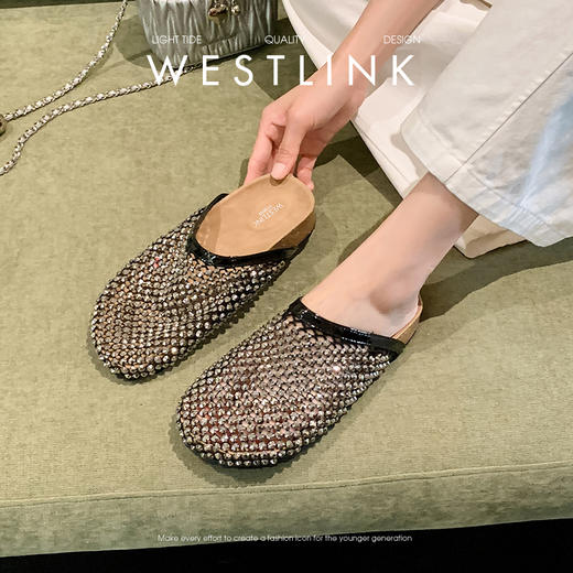 西遇夏季镂空半拖鞋女新款水钻网面一脚蹬包头外穿勃肯凉拖鞋V1156752 商品图2