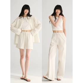 MAISON CECILE 松弛立体条纹肌理感圆领廓形衬衫/松紧腰短裤/长裤