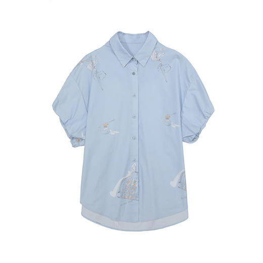 谜底衬衫短袖女2025夏季新品通勤泡泡袖印花宽松T型衬衣252MC0541 商品图4