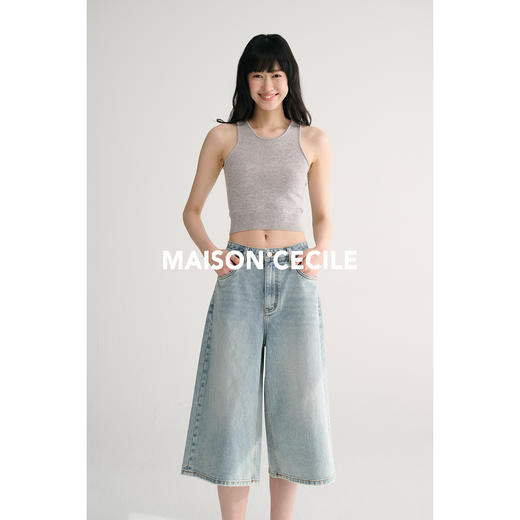 MAISON CECILE 夏日复古水洗高腰裁剪显瘦显比例七分阔腿牛仔裤 商品图2