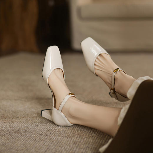 阿么手工女鞋方头浅口凉鞋一字带复古高跟鞋女不累脚高级感6.5CM 商品图2