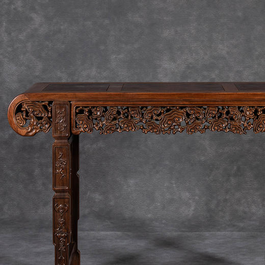 清	红木三镶瘿木透雕灵芝纹书卷式琴桌 商品图2