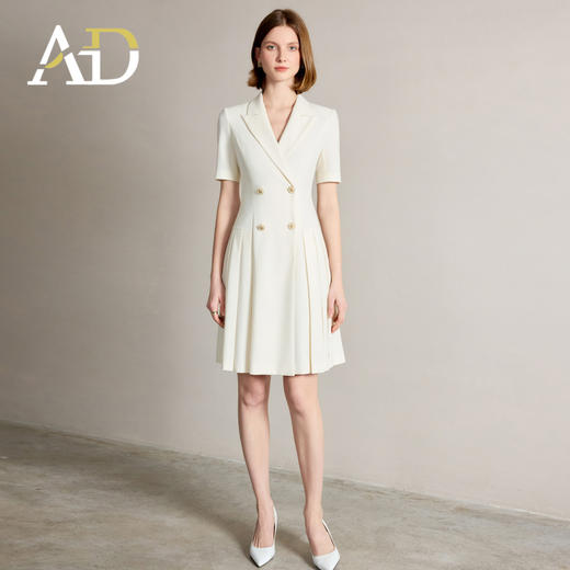 AD女士夏季连衣裙2025新款金属双排扣米色短袖西装裙 商品图1