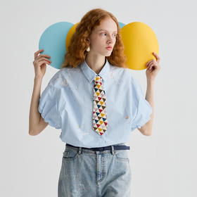 谜底衬衫短袖女2025夏季新品通勤泡泡袖印花宽松T型衬衣252MC0541