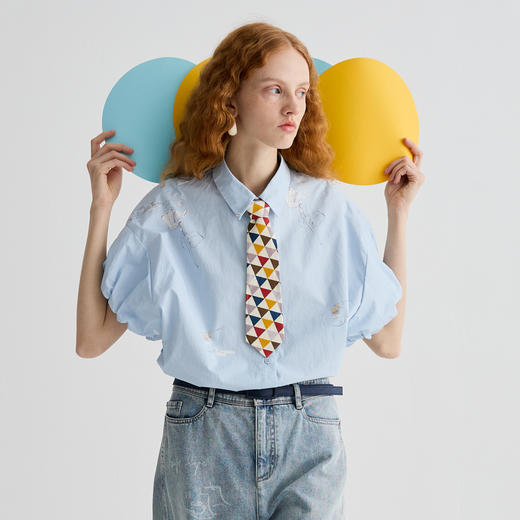 谜底衬衫短袖女2025夏季新品通勤泡泡袖印花宽松T型衬衣252MC0541 商品图0