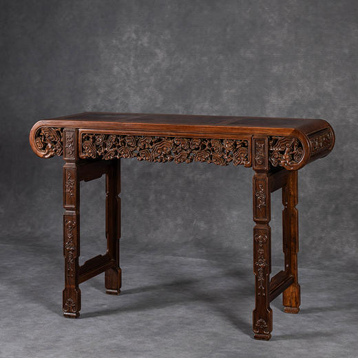 清	红木三镶瘿木透雕灵芝纹书卷式琴桌 商品图1