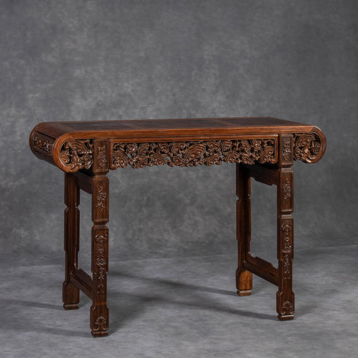 清	红木三镶瘿木透雕灵芝纹书卷式琴桌 商品图0
