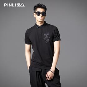 PINLI品立2025夏季新款烫钻短袖修身POLO衫商务休闲翻领男体恤衫BG252112088