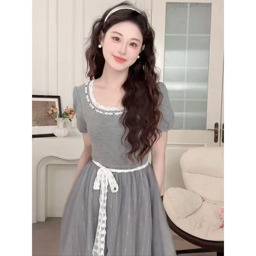 【65折秒杀】鹿向南「灰色童话」法式蕾丝花边薄纱女夏季连衣裙高腰短袖长裙子QYM002593 商品图1