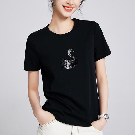 「自」全新升级【铂金会员109/天猫139/差价30】(02317)洛诗琳2025夏季双面丝光棉重工天鹅刺绣圆领修身显瘦显瘦T恤 商品图2