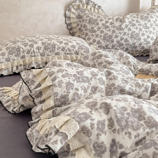 自然醒A类双层纱撞色蕾丝花边四件套法式全棉公主风碎花床上被套床单床品三件套JY 商品图8