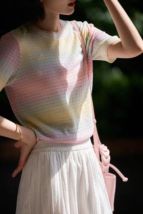 彩虹梦境多巴胺渐变花纱天丝真丝针织短袖T恤衫