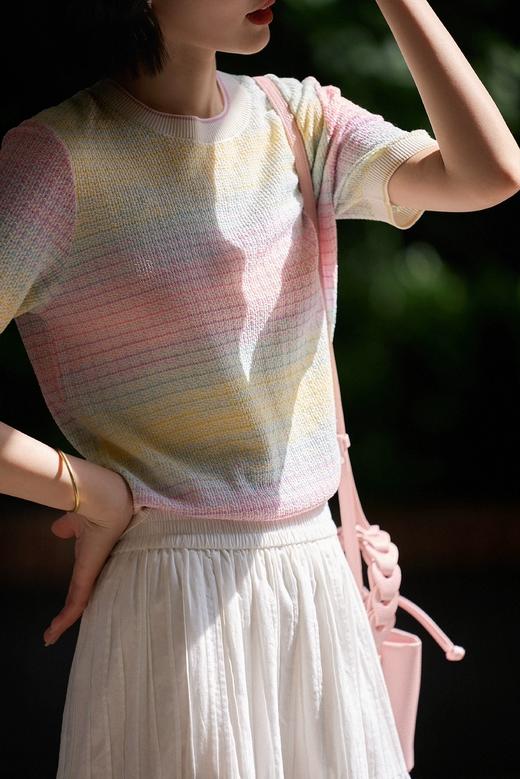 彩虹梦境多巴胺渐变花纱天丝真丝针织短袖T恤衫 商品图0