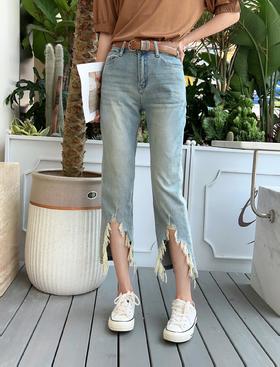 G09666#牛仔直筒烂边裤