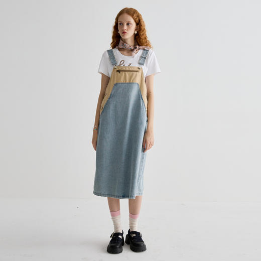 谜底连衣裙女2025夏季新品复古拼色牛仔宽松背带中长裙252ML0512 商品图0