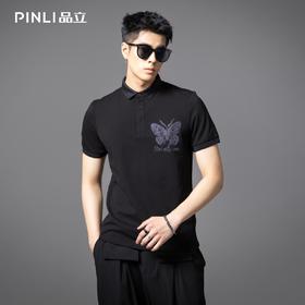 PINLI品立2025夏季新款蝴蝶烫钻修身POLO衫男士商务休闲短袖上衣BG252112090