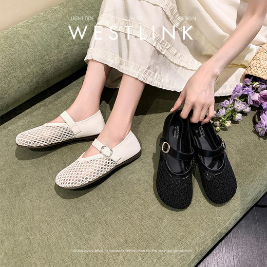 西遇镂空网面单鞋女新款夏季透气百搭圆头平底鞋软底玛丽珍鞋V1156806 商品图0