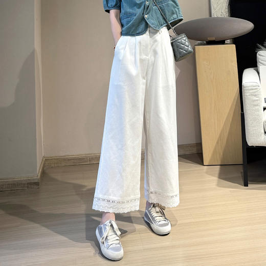 大表姐花边小白裤！2025天丝麻棉白色休闲裤夏季遮肉9分阔腿裤！ 商品图5