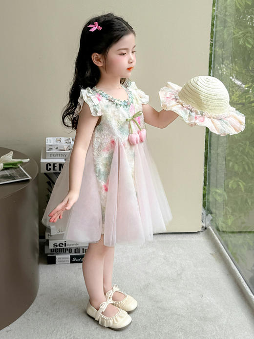 【YW】无忧购儿童装花朵飞袖连衣裙+帽子套装Q65-3（截单后3-5天发货) 商品图1