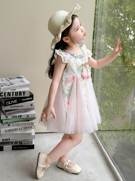 【YW】无忧购儿童装花朵飞袖连衣裙+帽子套装Q65-3（截单后3-5天发货) 商品图4