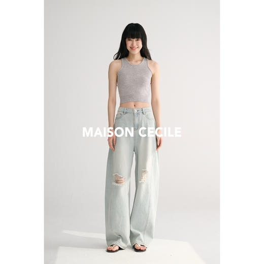 MAISON CECILE 夏日水洗破洞设计感休闲慵懒立体压线弧形牛仔裤 商品图2