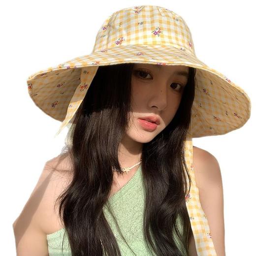 【新款韩版ins格纹系带渔夫帽】夏日户外出游大帽檐 双面防晒遮阳帽子  商品图4