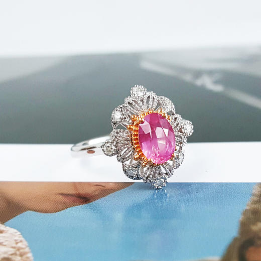 【天然正品】 AU750精品白金镶钻镶天然1.10克拉无烧帕帕拉恰蓝宝石戒指14号（戒圈可改）女士现售价：6880！280325AH62 商品图2