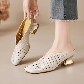 【预售5天】气质编织半拖鞋夏季新款方头洞洞凉拖女真皮高粗跟镂空拖MBJR&6909