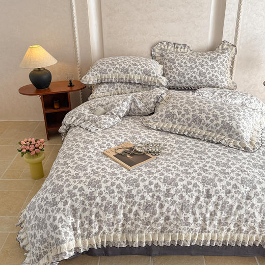 自然醒A类双层纱撞色蕾丝花边四件套法式全棉公主风碎花床上被套床单床品三件套JY 商品图2