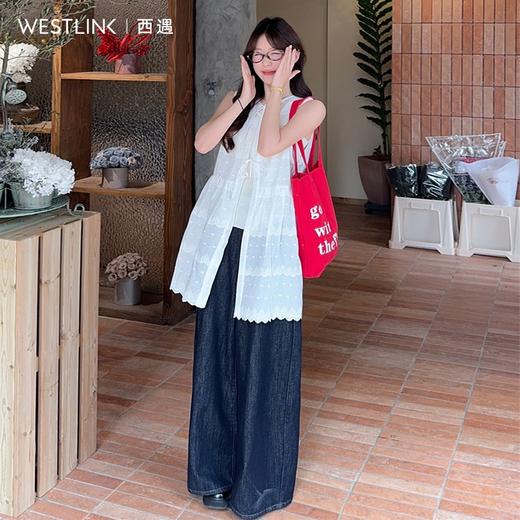 西遇无袖叠穿罩衫女春夏新款法式外搭白色开衫蕾丝边衬衫SS150314 商品图1