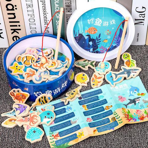 【趣味鱼塘，钓鱼游戏~】木制桶装海洋钓鱼玩具 儿童早教益智 认知趣味磁性海洋小鱼 亲子游戏-QQ 商品图5