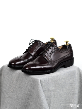 手工固特异意大利仿马臀皮手工擦色深酒红布洛克德比鞋（Alden楦型）