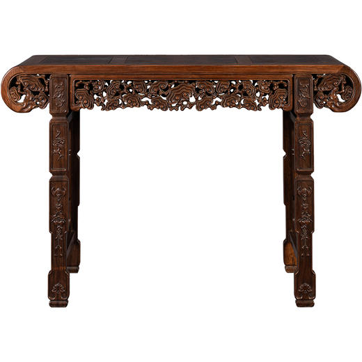 清	红木三镶瘿木透雕灵芝纹书卷式琴桌 商品图5