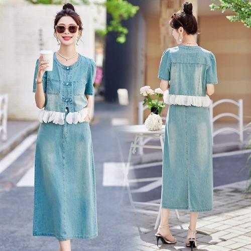 2025夏季新款盘扣新中式花边减龄显瘦牛仔短袖半身裙套装YLFS8908 商品图0