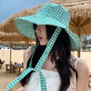 【新款韩版ins格纹系带渔夫帽】夏日户外出游大帽檐 双面防晒遮阳帽子  商品缩略图0