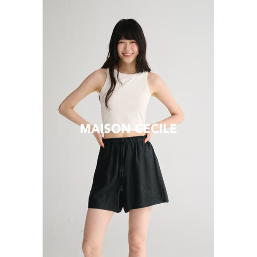 MAISON CECILE三色/高支亚麻舒适透气高腰休闲百搭抽绳松紧腰短裤 商品图2