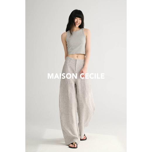 MAISON CECILE 色织亚麻条纹高腰弧形显瘦宽松休闲口袋镰刀裤 商品图2