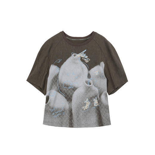 谜底T恤短袖女2025夏季新品休闲日常印花宽松H型短上衣252MT0602 商品图4