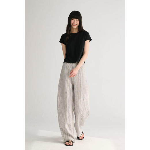 MAISON CECILE 色织亚麻条纹高腰弧形显瘦宽松休闲口袋镰刀裤 商品图0